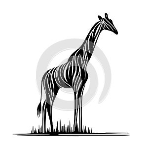 Giraffe Majestic Standing Stylized Tribal Design White Background with Grass with copy space (AI-generated) photo