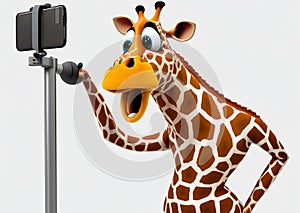 A giraffe with a mobile phone on a tripod.