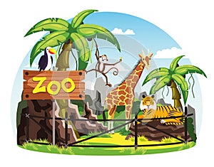 Giraffe and monkey, tiger and toucan at zoo