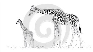 Adorable Giraffe Calf With Parent, Stylized Drawing