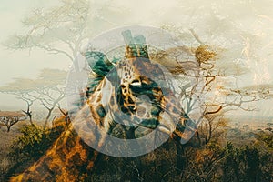 A giraffe overlaid with the texture of acacia trees in an African savanna double exposure