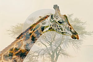 A giraffe overlaid with the texture of acacia trees in an African savanna double exposure