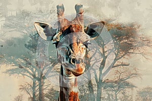 A giraffe overlaid with the texture of acacia trees in an African savanna double exposure