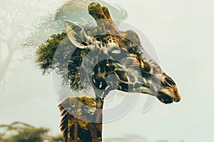 A giraffe overlaid with the texture of acacia trees in an African savanna double exposure