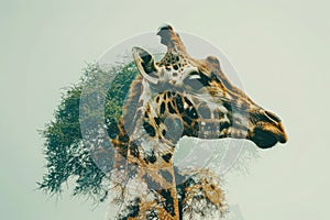 A giraffe overlaid with the texture of acacia trees in an African savanna double exposure