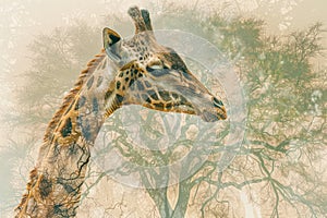 A giraffe overlaid with the texture of acacia trees in an African savanna double exposure