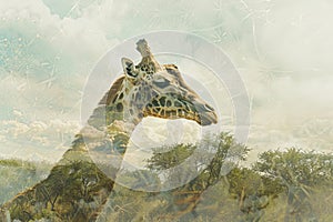 A giraffe overlaid with the texture of acacia trees in an African savanna double exposure
