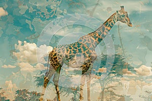 A giraffe overlaid with the texture of acacia trees in an African savanna double exposure