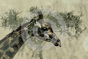 A giraffe overlaid with the texture of acacia trees in an African savanna double exposure