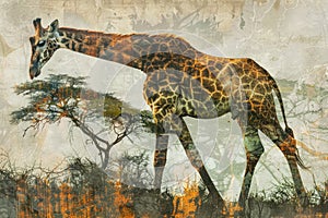 A giraffe overlaid with the texture of acacia trees in an African savanna double exposure
