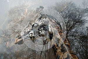 A giraffe overlaid with the texture of acacia trees in an African savanna double exposure photo
