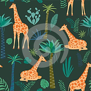 Giraffe pattern with tropical leaves. Vector seamless texture.