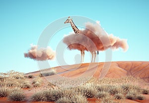 Giraffe with a pink cloud around. Creative and dreaming concept