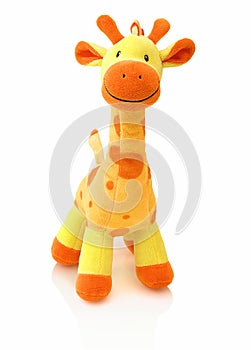 Giraffe plushie doll isolated on white background with shadow reflection. Giraffe plush stuffed puppet on white backdrop.