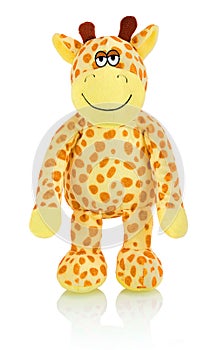 Giraffe plushie doll isolated on white background with shadow reflection. Giraffe plush stuffed puppet on white backdrop.