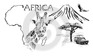 Giraffe portrait on Africa map background with Kilimanjaro mountain, vulture and car