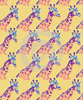 Giraffe portrait pattern with futuristic datamoshing against the yellow background.