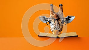 Giraffe Reading a Book on Orange Background