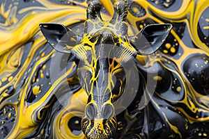 giraffe's head next to some yellow and black swirling