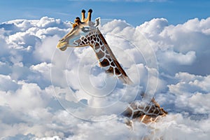 A giraffe\'s long neck and head protrude though the clouds to see blue skies