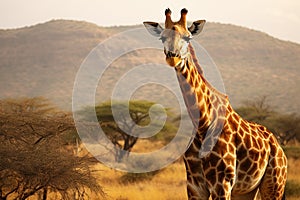 Giraffe in the savanna of Africa, Kenya, Africa, A large giraffe in a Ruaha National Park, AI Generated