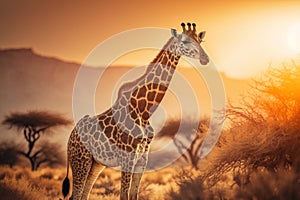 Giraffe at savanna on sunset sky background. Animal and nature environment concept. Generative ai