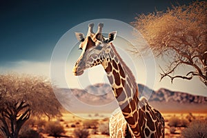 Giraffe at savanna on sunset sky background. Animal and nature environment concept. Generative ai