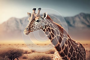 Giraffe at savanna on sunset sky background. Animal and nature environment concept. Generative ai