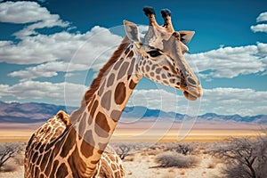 Giraffe at savanna on sunset sky background. Animal and nature environment concept. Generative ai