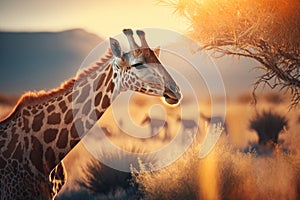 Giraffe at savanna on sunset sky background. Animal and nature environment concept. Generative ai