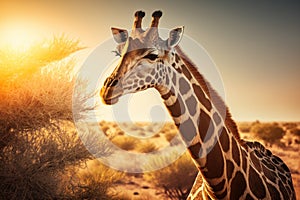 Giraffe at savanna on sunset sky background. Animal and nature environment concept. Generative ai