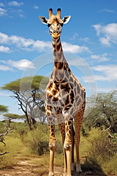 Giraffe in the Savannah: A Majestic Display of Nature\'s Unfading Charm. Vertical orientation