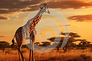 Giraffe in savannah at sunset, Tsavo East National Park, Kenya, giraffe walking in the savannah, AI Generated