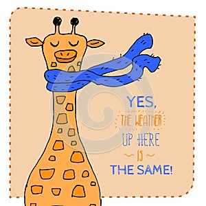Giraffe in scarf hand drawn illustration. Vector illustration.