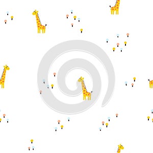 Giraffe seamless minimalistic pattern with flowers. Colorful cartoon characters on a white background. Hand-drawn