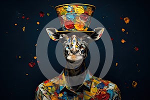 A giraffe in a shirt and top hat stained with paint on an abstract background