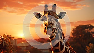 Giraffe silhouette grazes in African meadow under orange sunset generated by AI