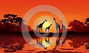 giraffe silhouette safari nature wild wildlife animal africa sunset elephant. Generative AI.