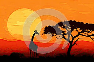 giraffe silhouette in savanna at sunset vector illustration graphic design, Giraffe Silhouette - African Wildlife Background -