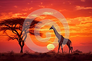 Giraffe silhouette walking nearly tree at sunset. Generative AI