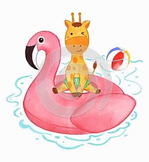 Giraffe sit on flamingo shape inflatable swim ring on water in swimming pool . Realistic watercolor paint with paper textured .