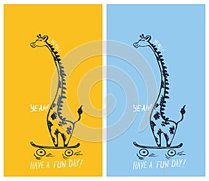 Giraffe on skateboard funny cool summer t-shirt print design. Skater in skatepark. Slogan