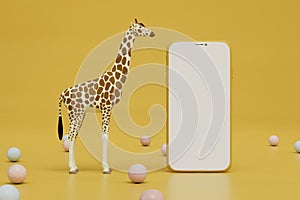 giraffe with a smartphone on an abstract yellow background with colorful balloons. 3d render