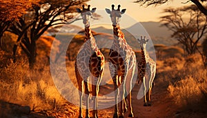 Giraffe standing in African savannah, looking at camera, at sunset generated by AI