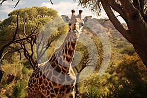 a giraffe standing in a field next to a tree