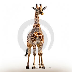 a majestic giraffe standing tall against a plain white background