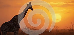 A giraffe standing in the middle of a field at sunset