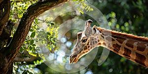 A giraffe stretching to nibble on treetop leaves , concept of Herbivore behavior