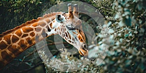 A giraffe stretching to nibble on treetop leaves , concept of Herbivore behavior