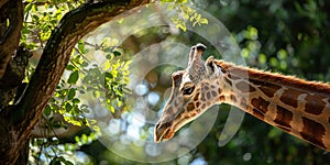 A giraffe stretching to nibble on treetop leaves , concept of Herbivore behavior photo